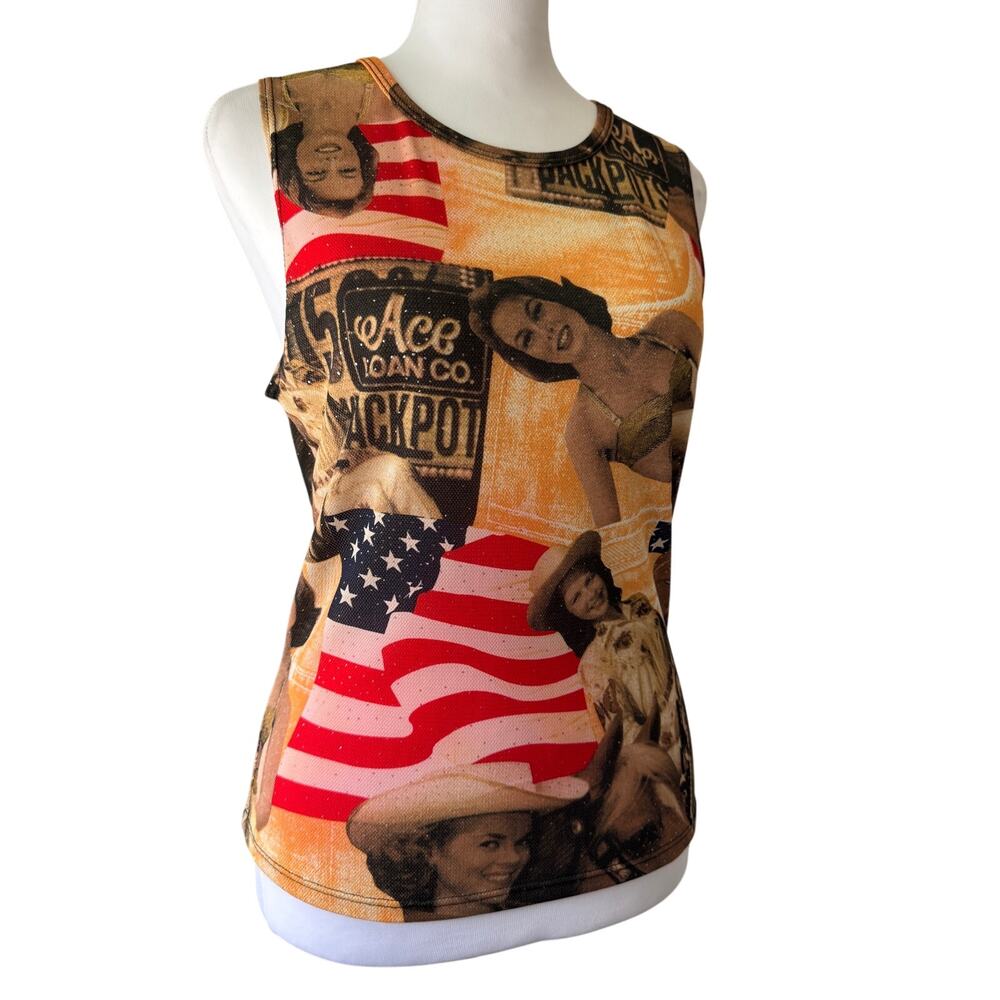 Vintage Y2K Sharon U.S.A. American Flag Cowgirl Jackpot
Printed Stretch Tank Top